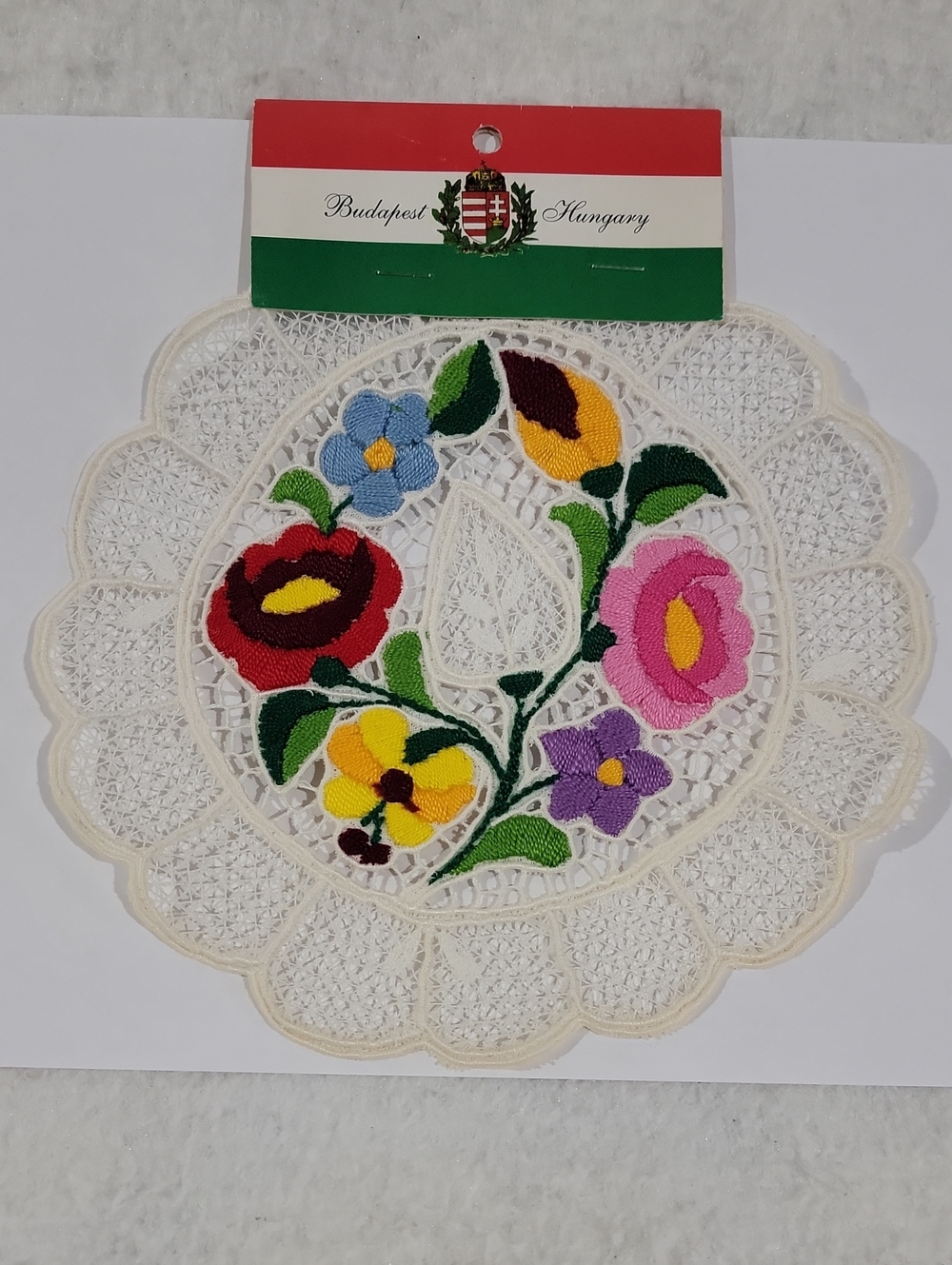 Vintage Budapest Hungary Floral Embroidered Lace Doily - Multicolor NWT